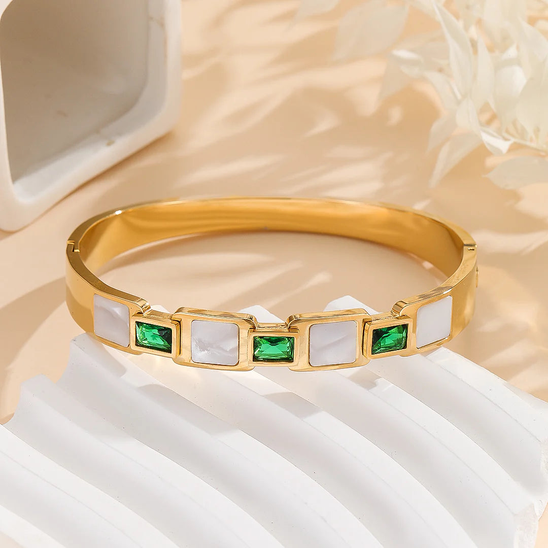 Green Zircon Regal Emerald Springtime Bangle | 18K Gold Plated Stainless Steel