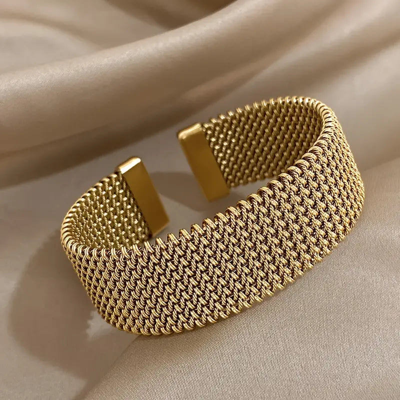 1pc Vintage Woven Mesh Open Bangle | 18k Gold Plated Stainless Steel