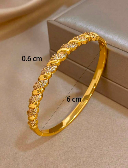 18k Elegant Luxury Zirconia Bracelet Golden Twisted Open Bangle Bracelet For Women Stackable | Gold Plated Stainless Steel Bracelet