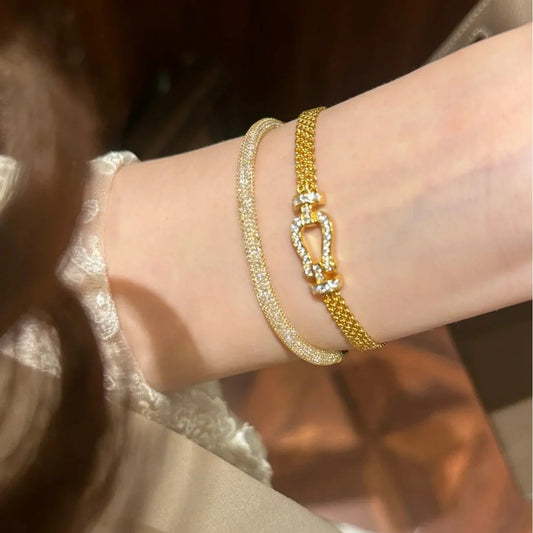 1pc Stainless Steel Milanese Horseshoe Clasp Woven Bracelet | Gold Plated Hollow Strap