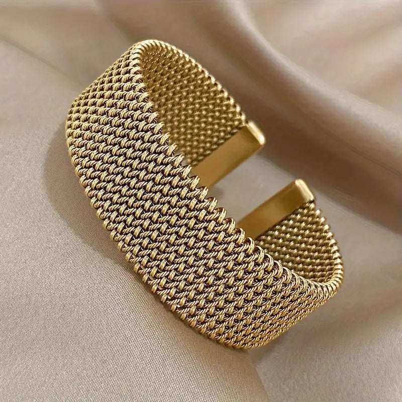 1pc Vintage Woven Mesh Open Bangle | 18k Gold Plated Stainless Steel