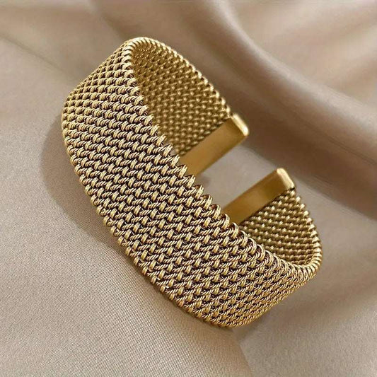 1pc Vintage Woven Mesh Open Bangle | 18k Gold Plated Stainless Steel