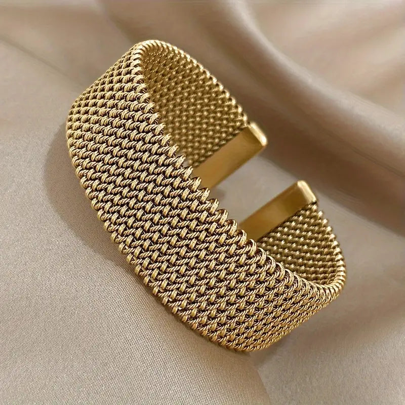 1pc Vintage Woven Mesh Open Bangle | 18k Gold Plated Stainless Steel