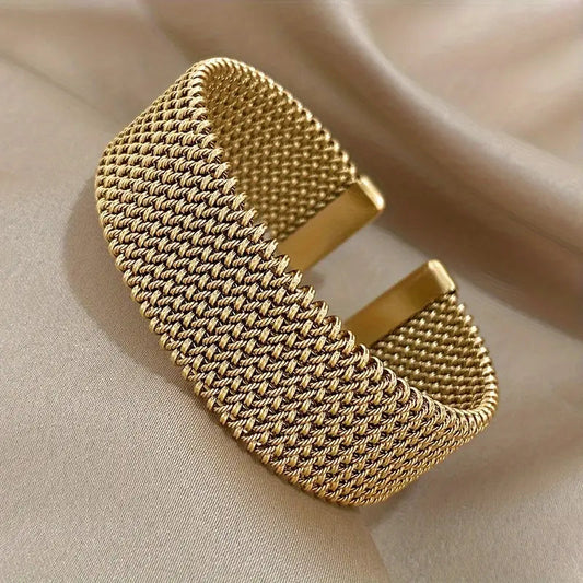 1pc Vintage Woven Mesh Open Bangle | 18k Gold Plated Stainless Steel