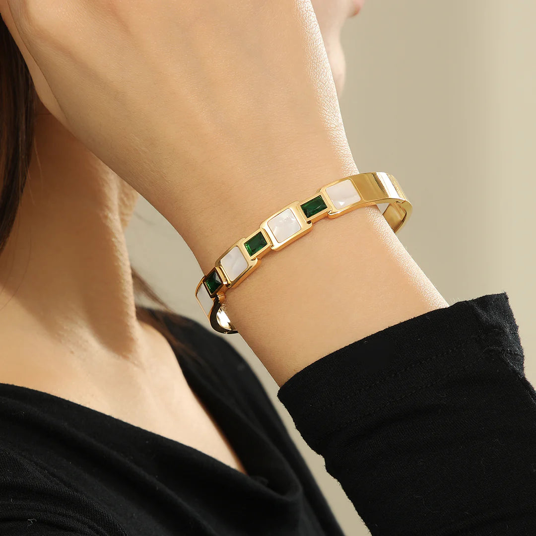 Green Zircon Regal Emerald Springtime Bangle | 18K Gold Plated Stainless Steel