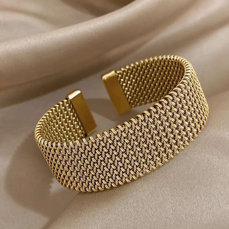 1pc Vintage Woven Mesh Open Bangle | 18k Gold Plated Stainless Steel