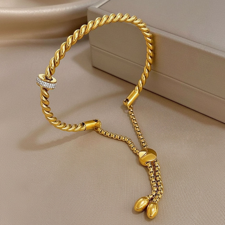 1Pc Twist Braid & Teardrop Zirconia Bangle Bracelet | 18K Gold Plated Stainless Steel