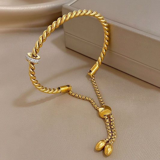 1Pc Twist Braid & Teardrop Zirconia Bangle Bracelet | 18K Gold Plated Stainless Steel