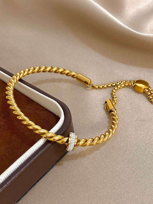 1Pc Twist Braid & Teardrop Zirconia Bangle Bracelet | 18K Gold Plated Stainless Steel