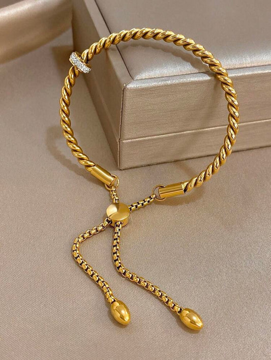1Pc Twist Braid & Teardrop Zirconia Bangle Bracelet | 18K Gold Plated Stainless Steel