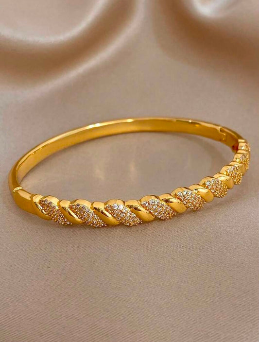 18k Elegant Luxury Zirconia Bracelet Golden Twisted Open Bangle Bracelet For Women Stackable | Gold Plated Stainless Steel Bracelet