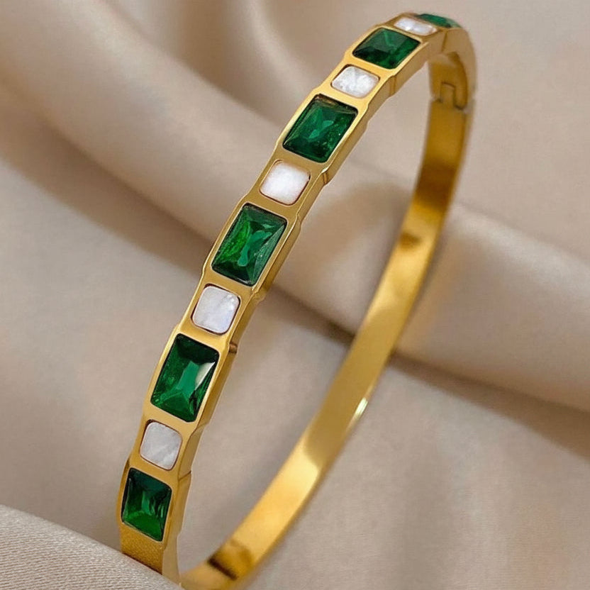 Green Zircon Regal Emerald Springtime Bangle | 18K Gold Plated Stainless Steel