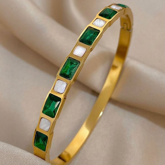 Green Zircon Regal Emerald Springtime Bangle | 18K Gold Plated Stainless Steel