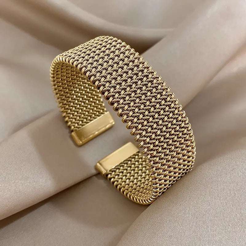 1pc Vintage Woven Mesh Open Bangle | 18k Gold Plated Stainless Steel