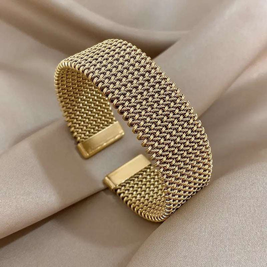 1pc Vintage Woven Mesh Open Bangle | 18k Gold Plated Stainless Steel