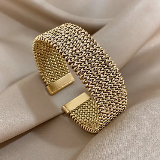 1pc Vintage Woven Mesh Open Bangle | 18k Gold Plated Stainless Steel