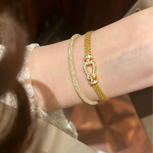 1pc Stainless Steel Milanese Horseshoe Clasp Woven Bracelet | Gold Plated Hollow Strap